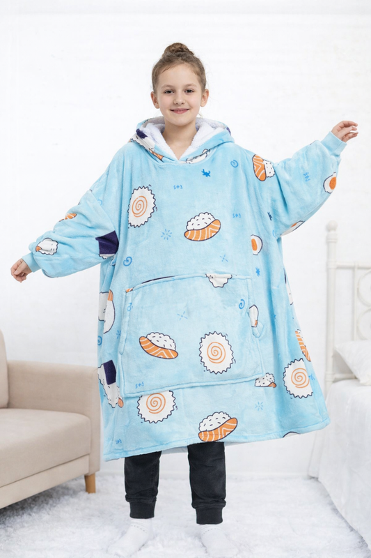 Kids Sherpa Hoodie Blue Sushi Print – Oversized Wearable Blanket
