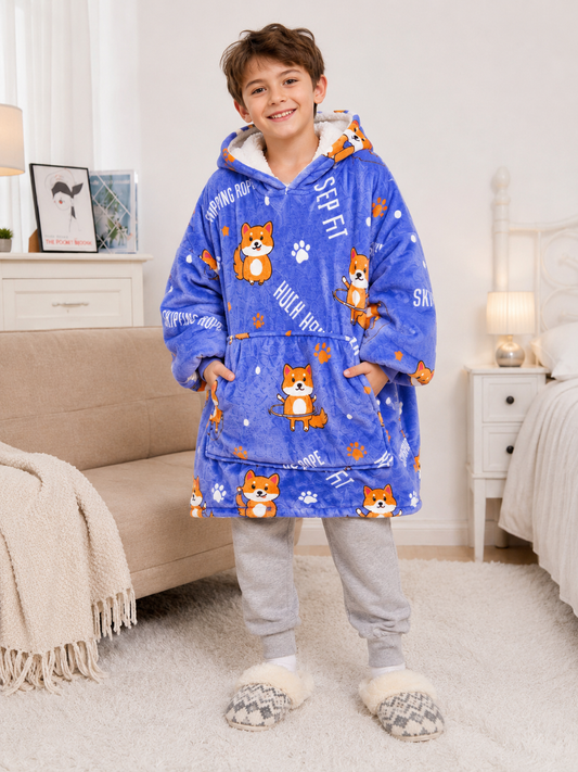 Kids Sherpa Hoodie Blue Fox Print – Oversized Wearable Blanket