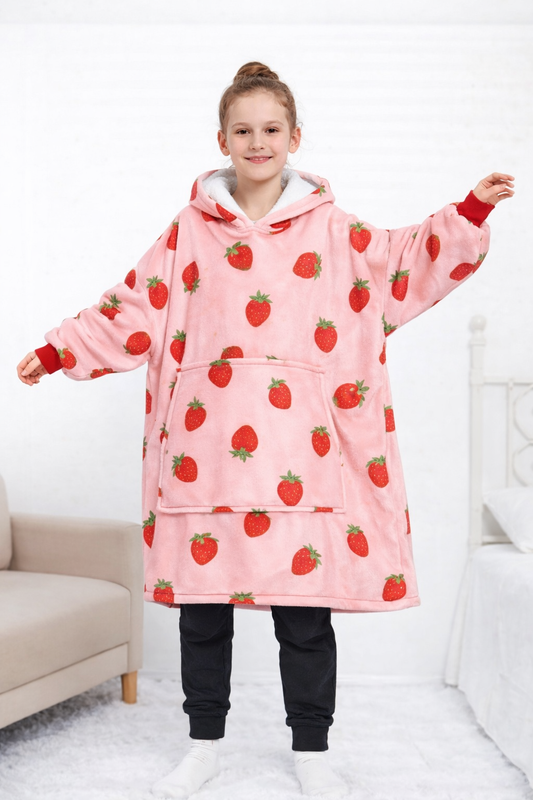 Kids Sherpa Hoodie Pink Penguin Print – Oversized Wearable Blanket