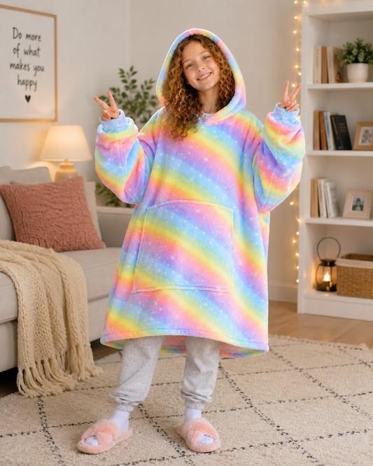 Kids Sherpa Hoodie Rainbow Stripe Print – Oversized Wearable Blanket