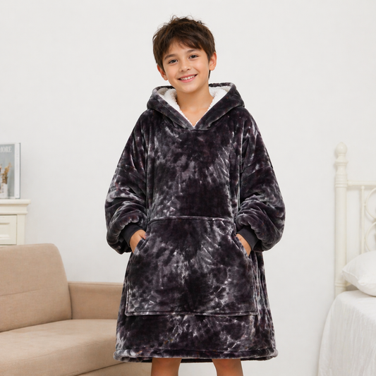 Kids Sherpa Hoodie Black Tie Dye – Oversized Wearable Blanket