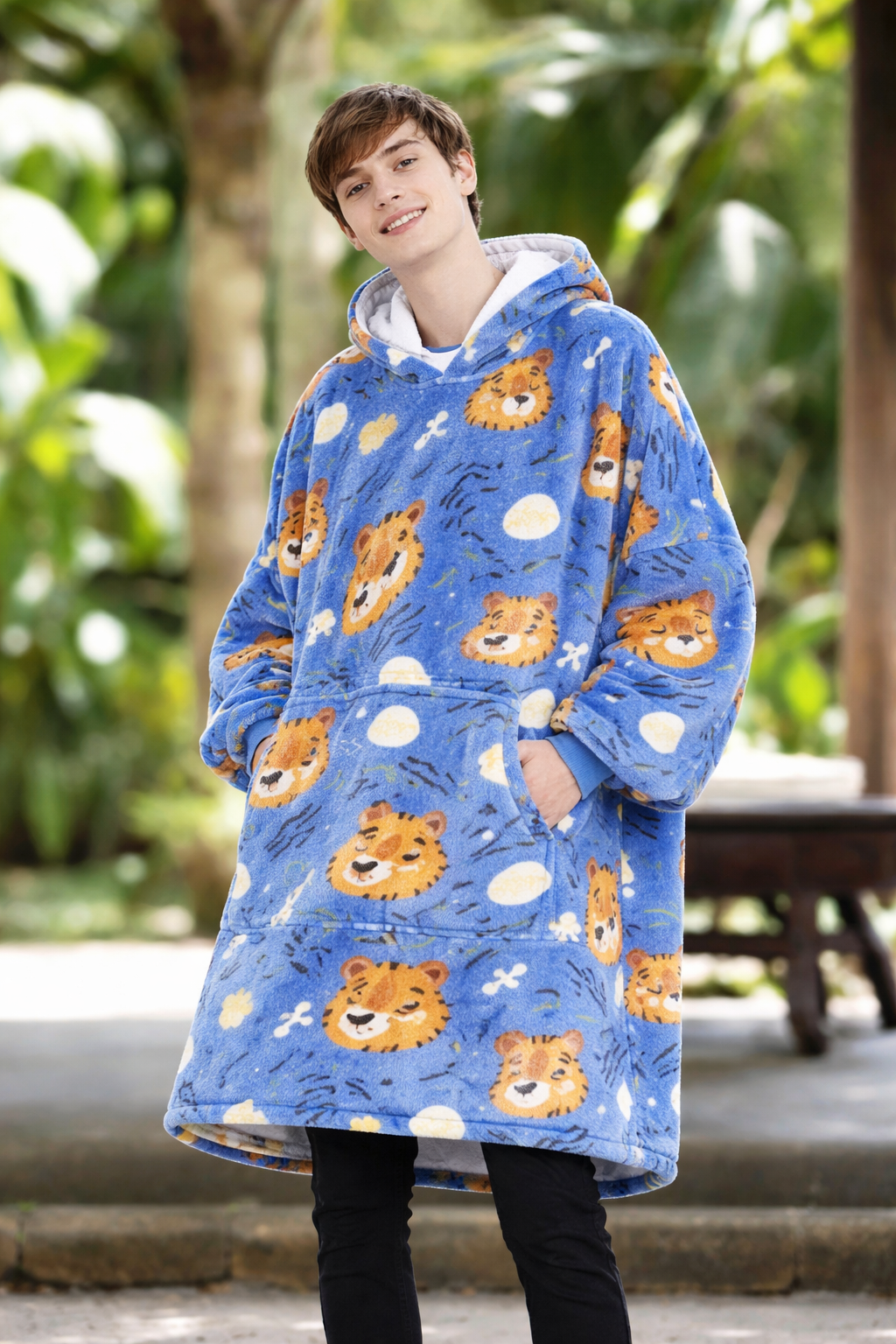 Kids Sherpa Hoodie Blue Tiger Print – Oversized Wearable Blanket