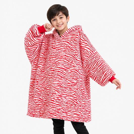 Kids Sherpa Hoodie Red Zebra Print – Oversized Wearable Blanket