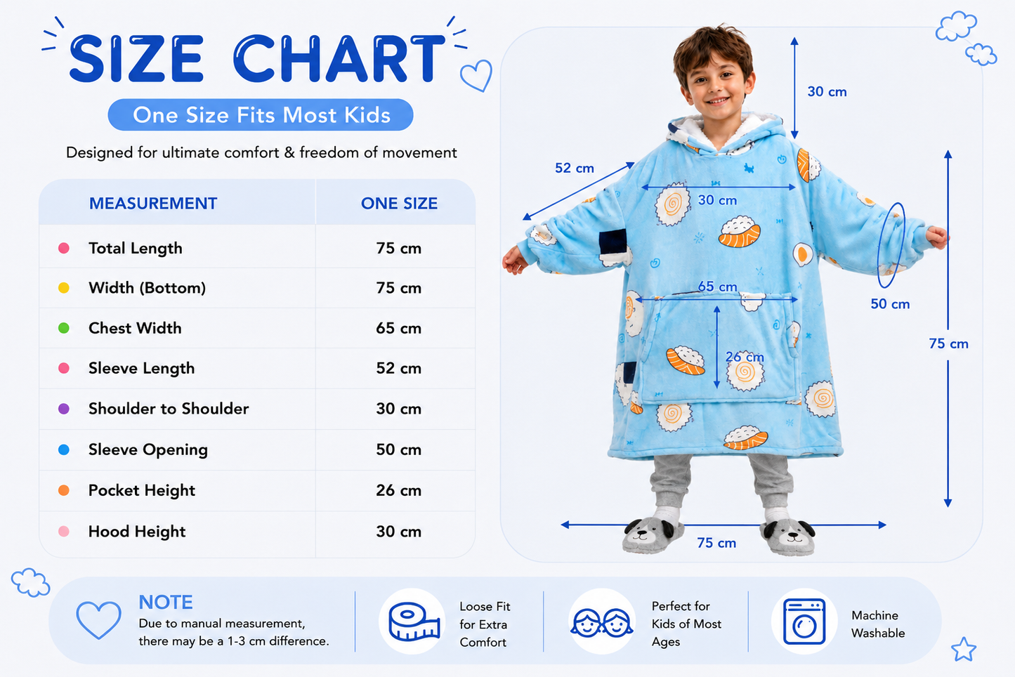 Kids Sherpa Hoodie Blue Sushi Print – Oversized Wearable Blanket