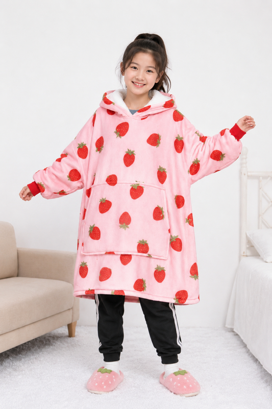 Kids Sherpa Hoodie Pink Strawberry Print – Oversized Wearable Blanket