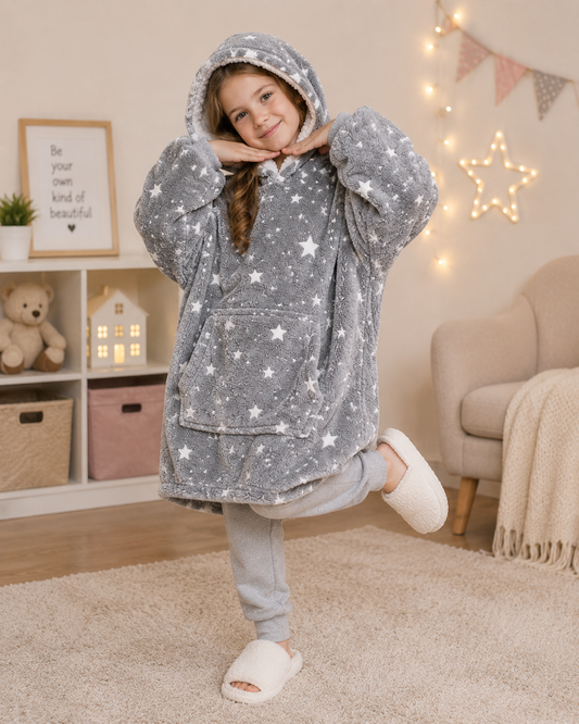 Kids Sherpa Hoodie Grey Star Print – Oversized Wearable Blanket