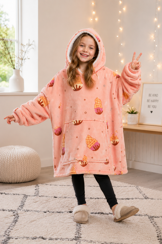Kids Sherpa Hoodie Peach Ice Cream Print – Oversized Wearable Blanket