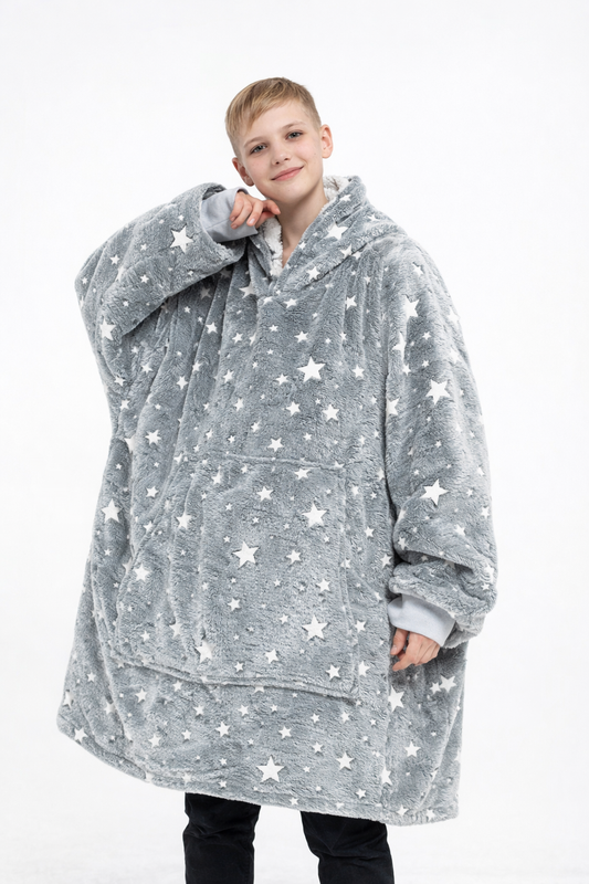 Kids Sherpa Hoodie Grey Star Print – Oversized Wearable Blanket