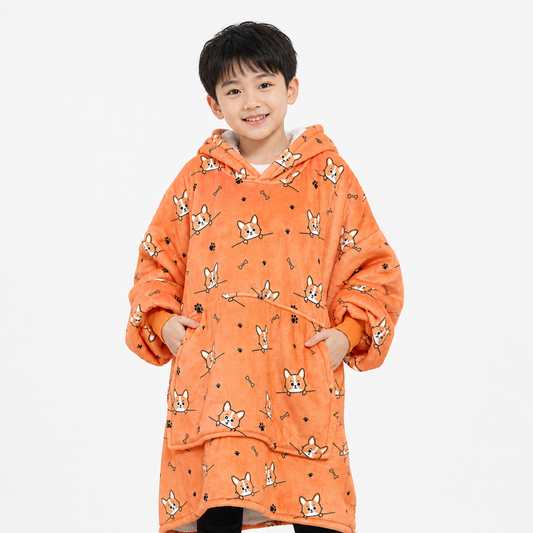 Kids Sherpa Hoodie Orange Dog Print – Oversized Wearable Blanket