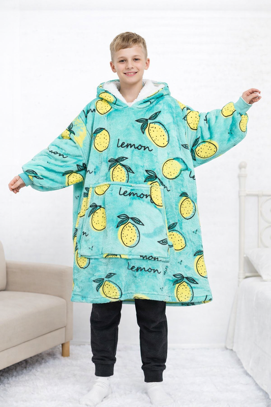 Kids Sherpa Hoodie Lemon Print – Oversized Wearable Blanket