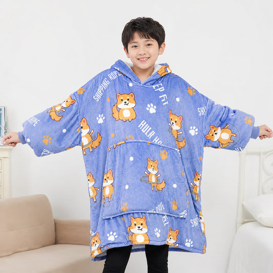 Kids Sherpa Hoodie Blue Fox Print – Oversized Wearable Blanket