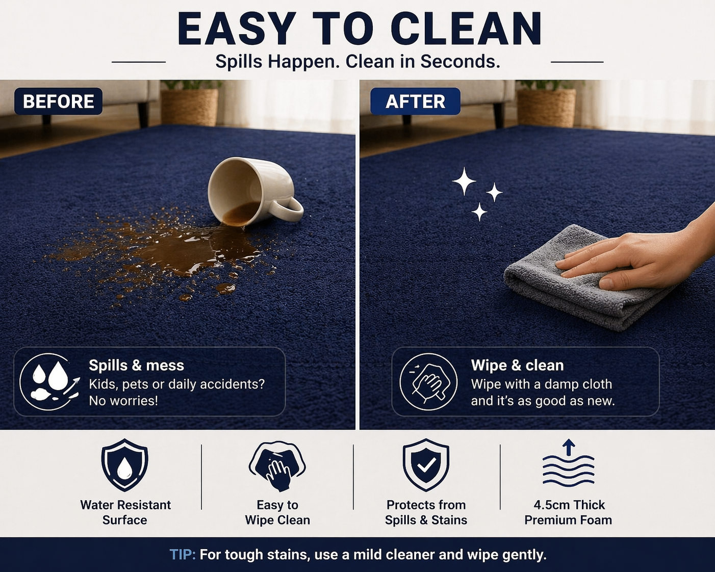 before and after spill cleaning on navy blue memory foam mat easy wipe clean demonstration