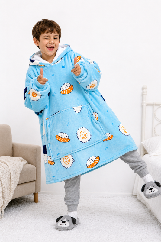 Kids Sherpa Hoodie Blue Sushi Print – Oversized Wearable Blanket