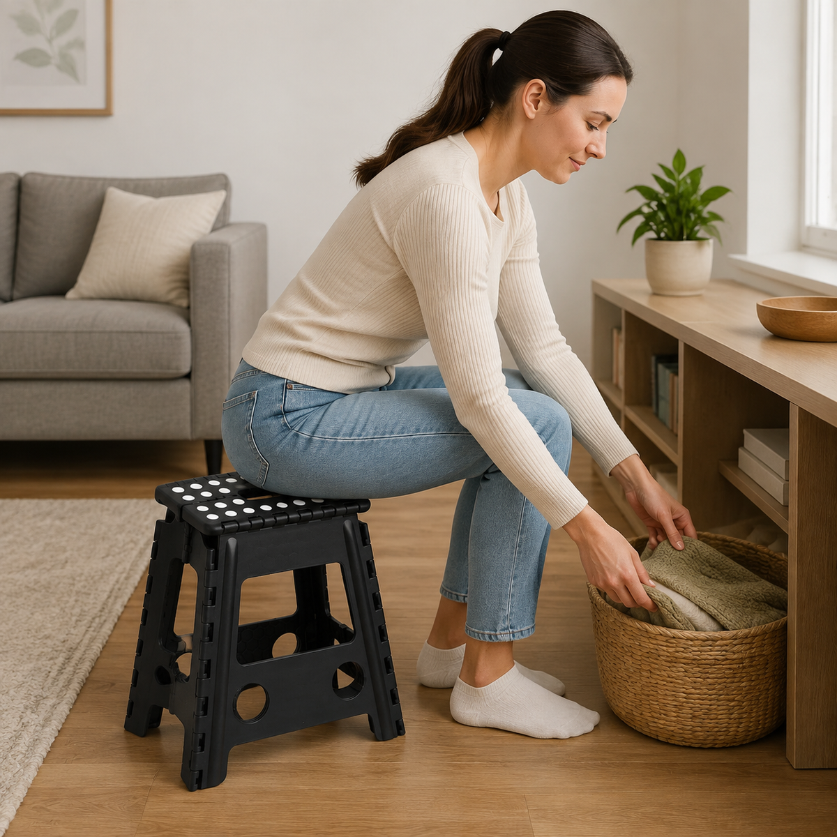 Portable Black Folding Stool with Carry Handle, Non-Slip Seat and TPR Feet, for Camping and Home(39x29x22cm)