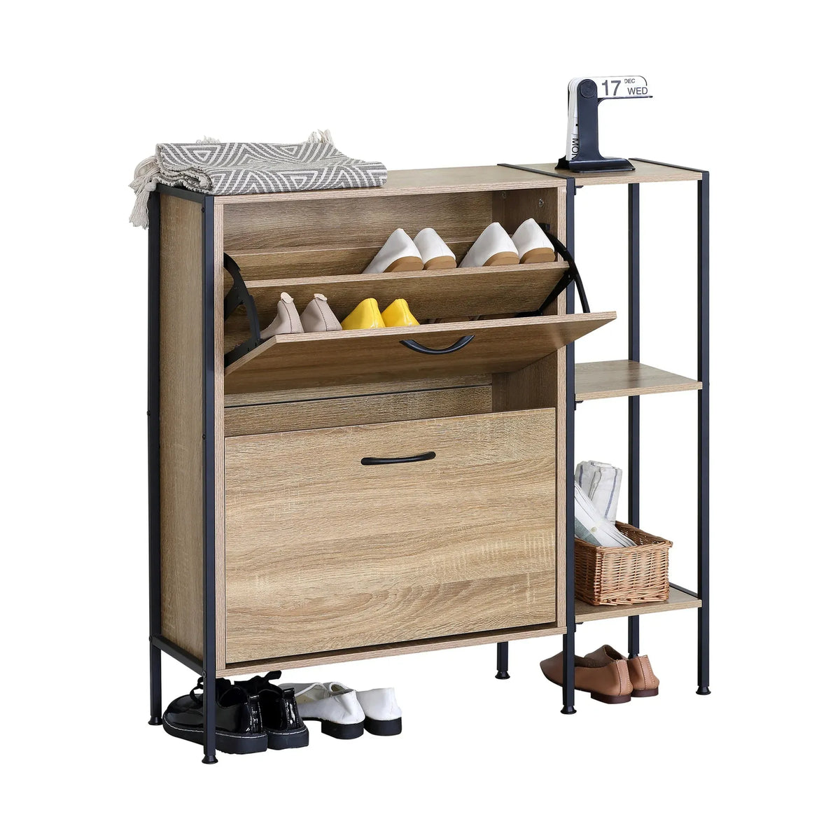 CARLA HOME 2 Flip Shoe Cabinet with Side Shelf - 88 cm Oak - Brown - Shoe Cabinet With Shelf