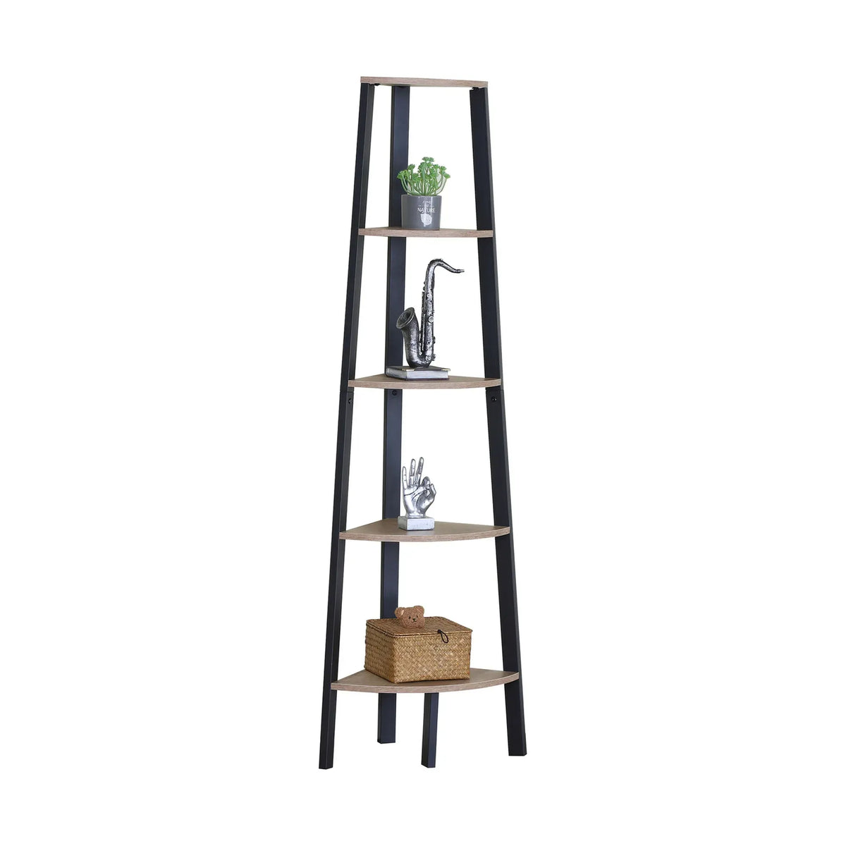 CARLA HOME 5 Tier Corner Shelf - Ladder Bookshelf - Metal Frame - Brown - Rustic