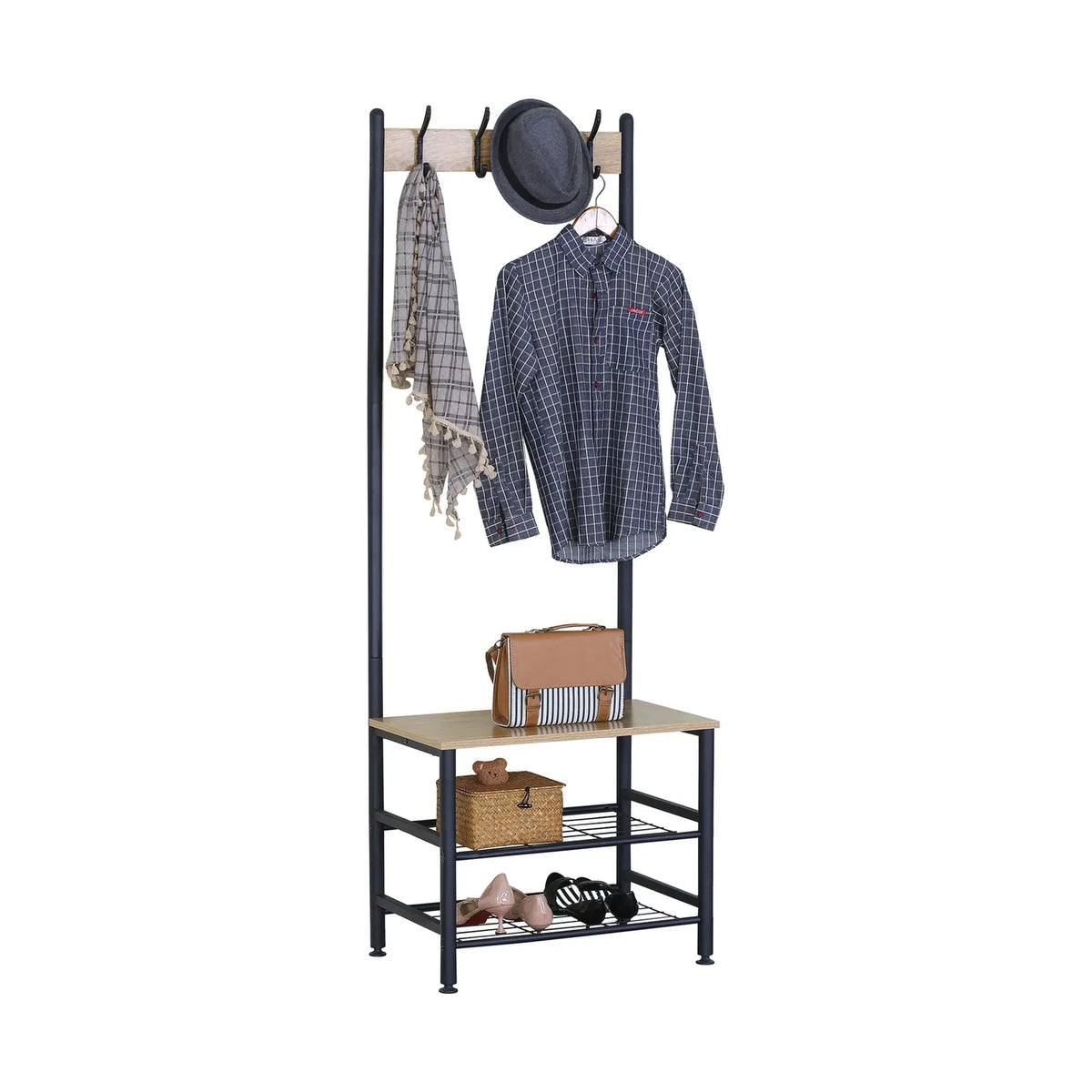 CARLA HOME Hall Tree Coat Rack with Bench - 5 Hooks - Brown - Rustic - Garment Rack