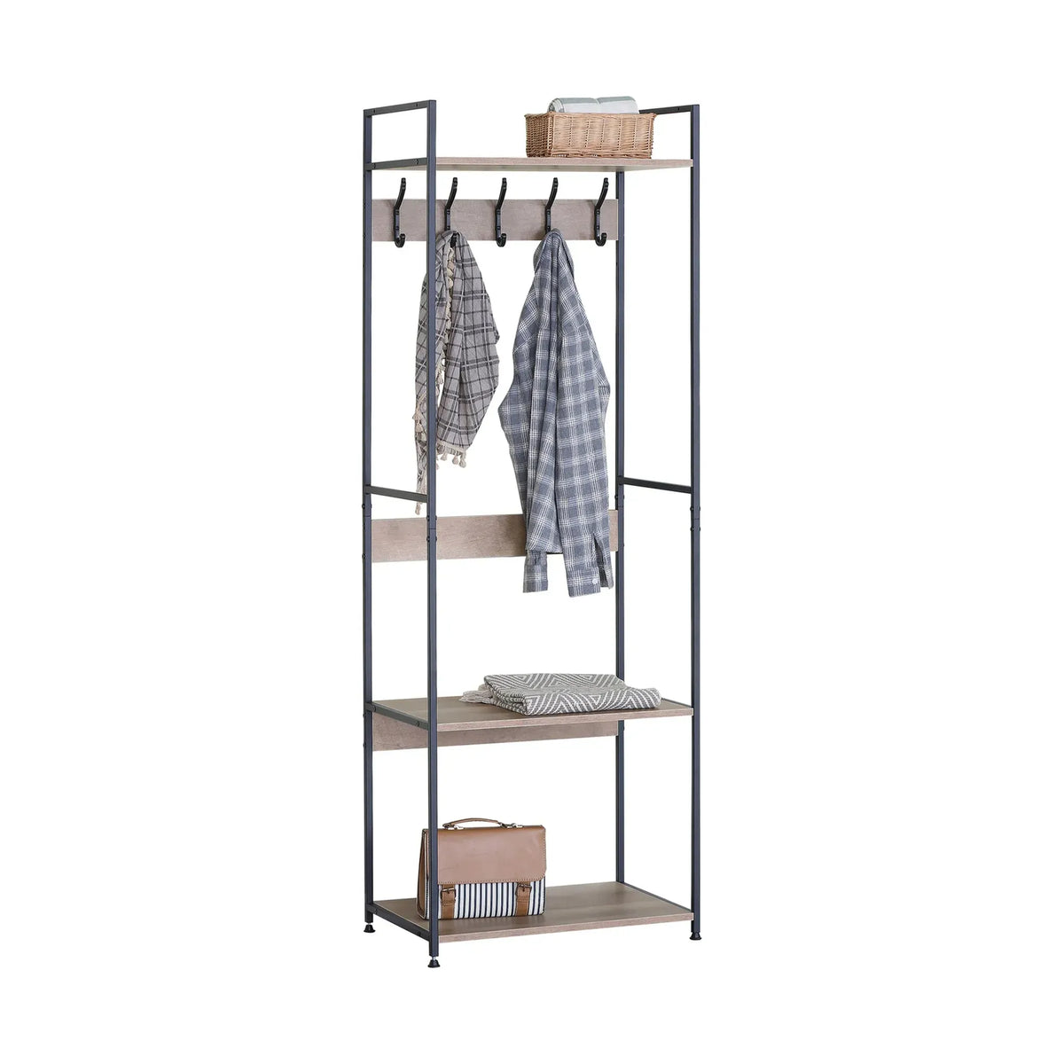 CARLA HOME Freestanding Garment Rack - 5 Hooks 4 Shelves - Brown - Rustic - Steel