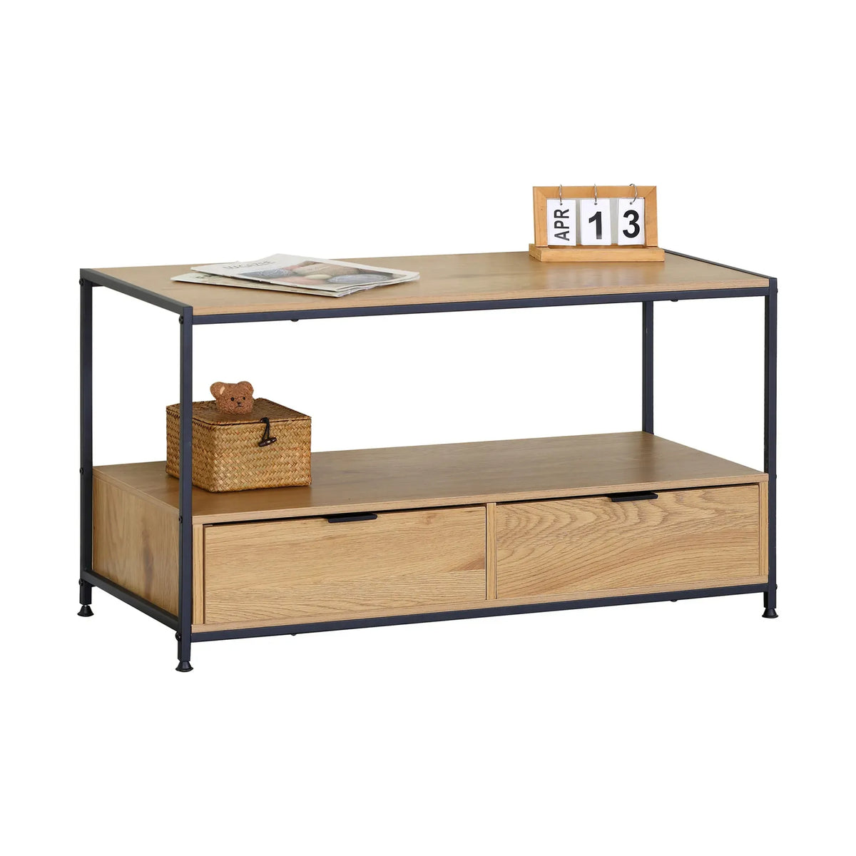 CARLA HOME Coffee Table with 2 Drawers - Open Shelf - Brown - Rustic - Steel - Living Room Bedroom