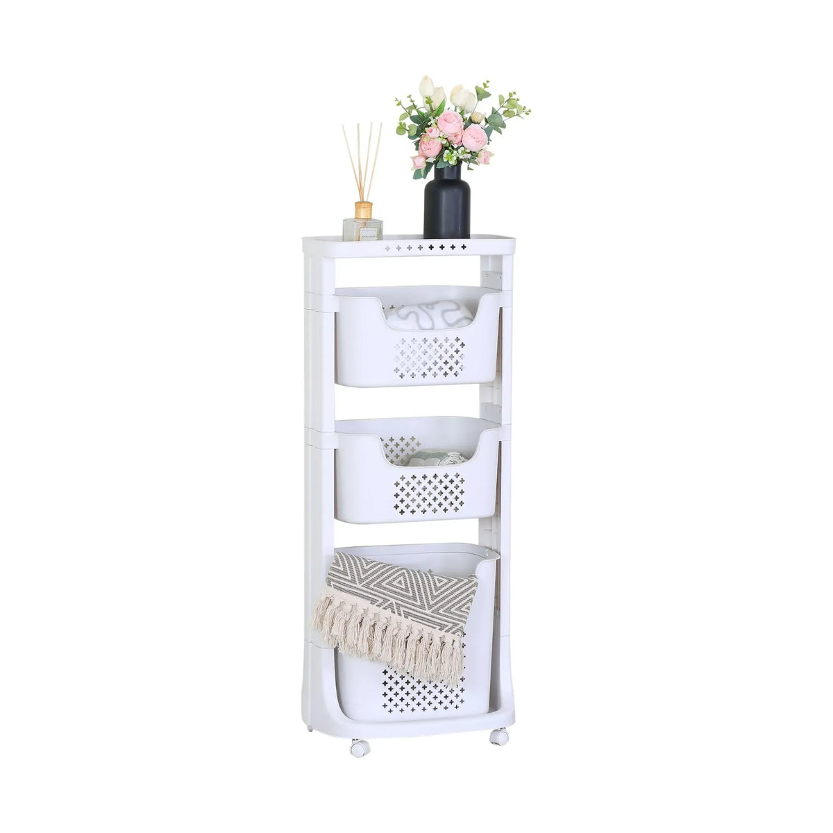 CARLA HOME 3 Tier Rolling Laundry Basket - White with Wheels - Basic - Plastic - 3 - tier Rolling Laundry