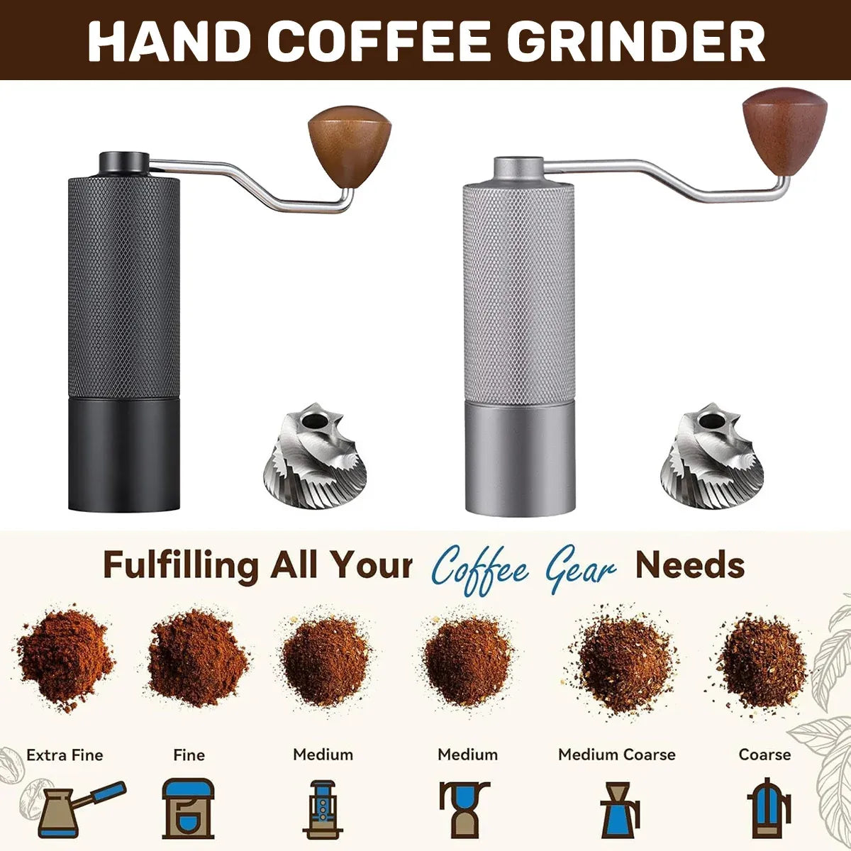 Hand Crank Coffee Grinder for Home Travel Stainless Steel Durable Easy Clean - Black