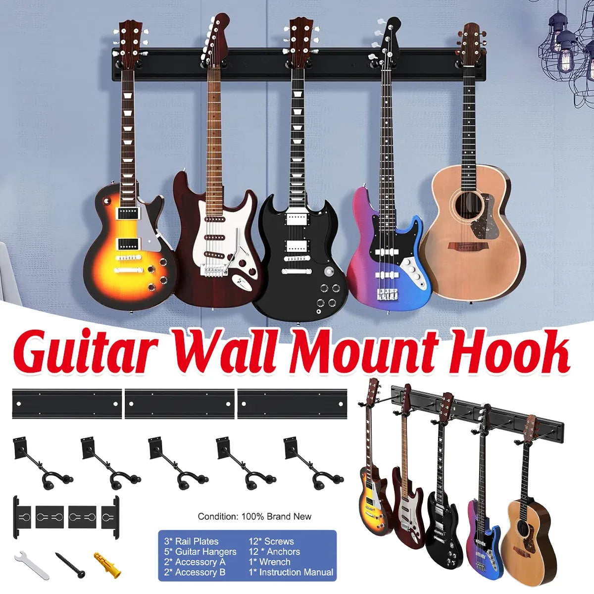 5 Hangers Guitar Wall Stand with Adjustable Aluminium Alloy Rail Black