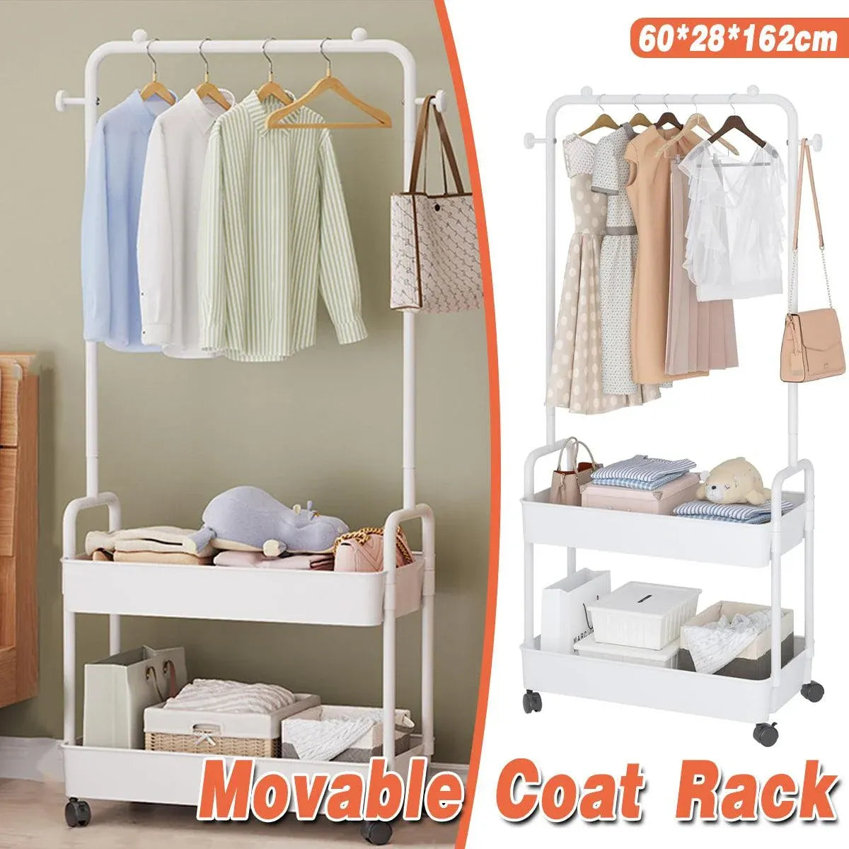 1-Piece Mobile Clothes Rack with Rail and Storage Baskets, White