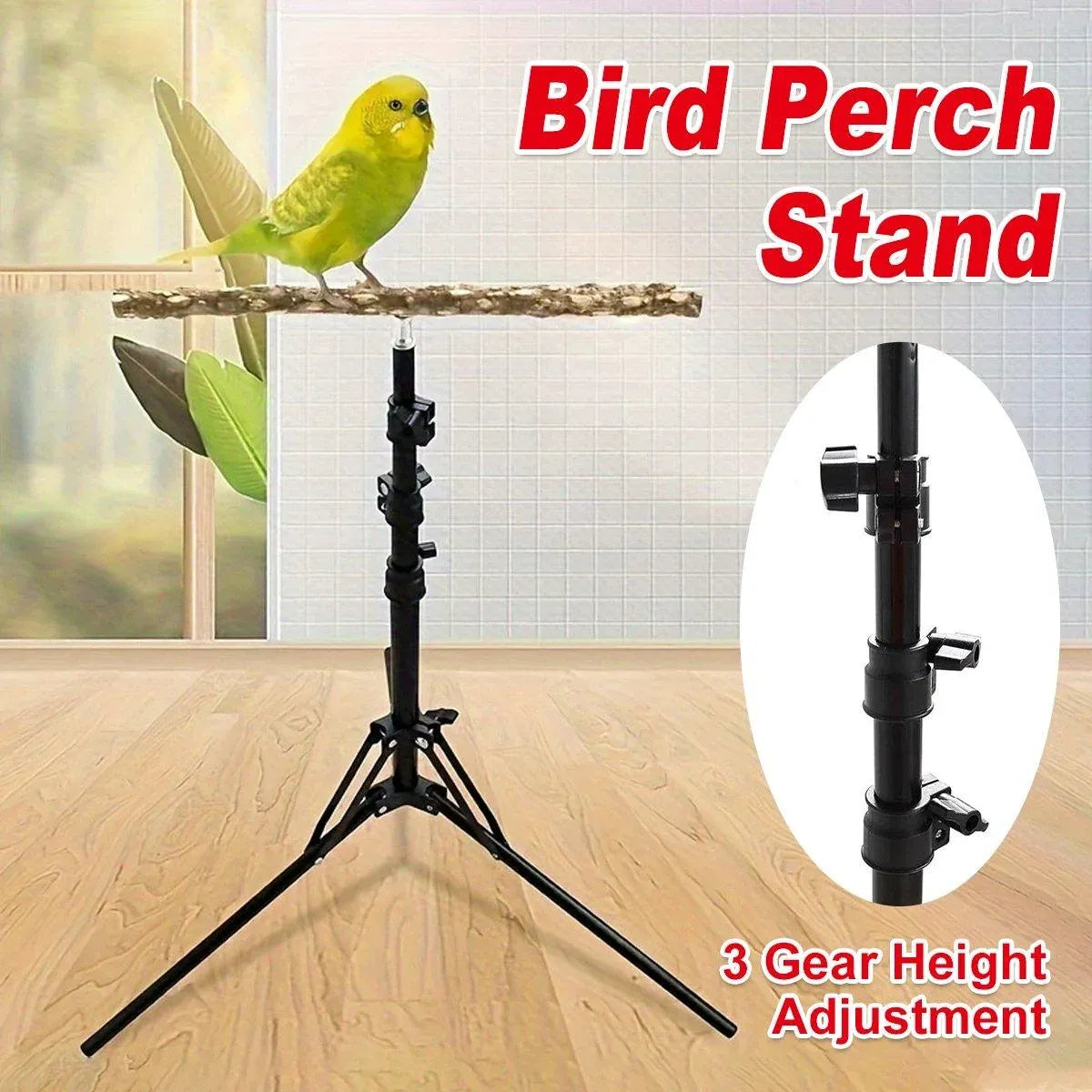 1-Piece Height-Adjustable Bird Perch Stand with Tripod Base