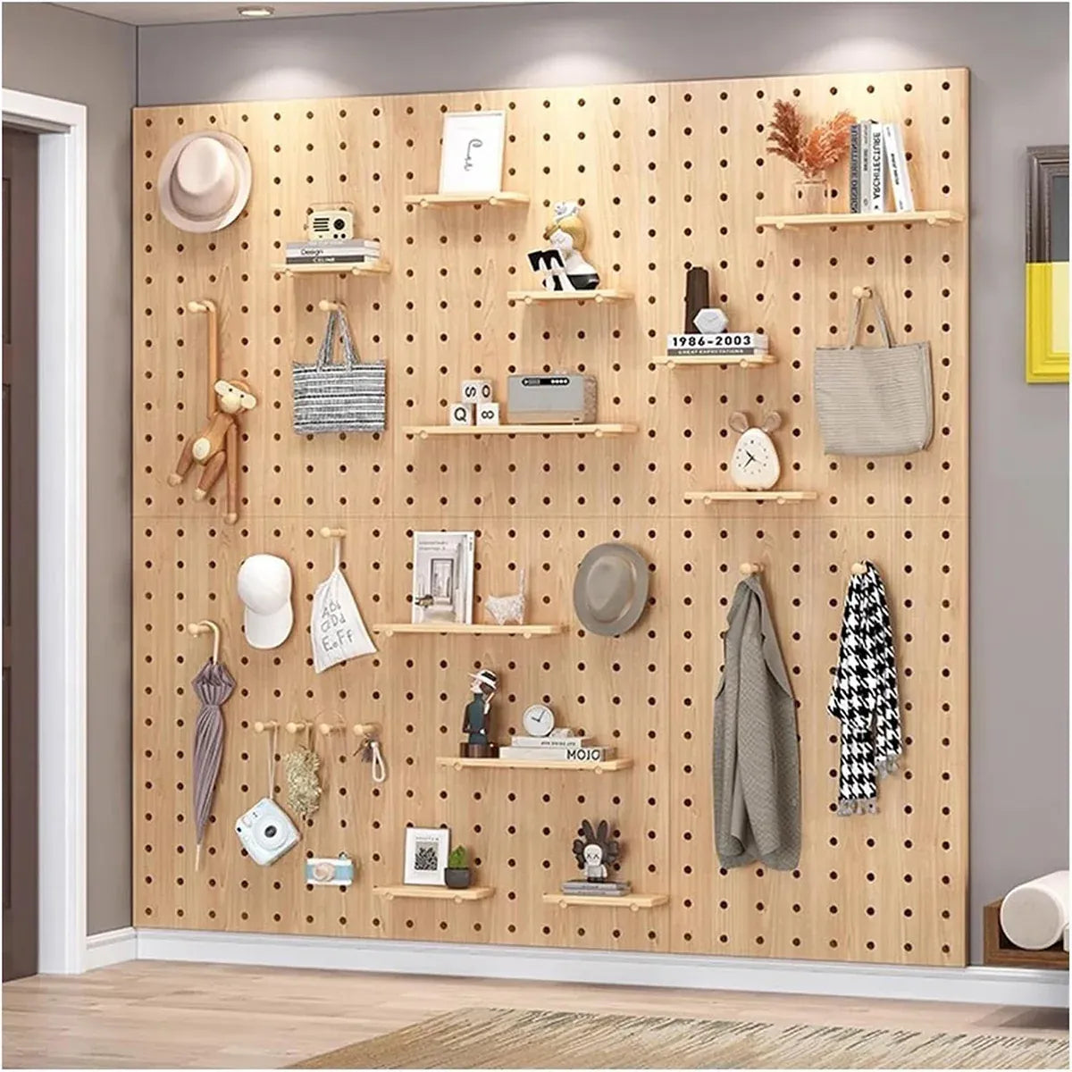 Wooden Pegboard Wall Mounted Organizer Hanging Shelf for Home Living Room Use