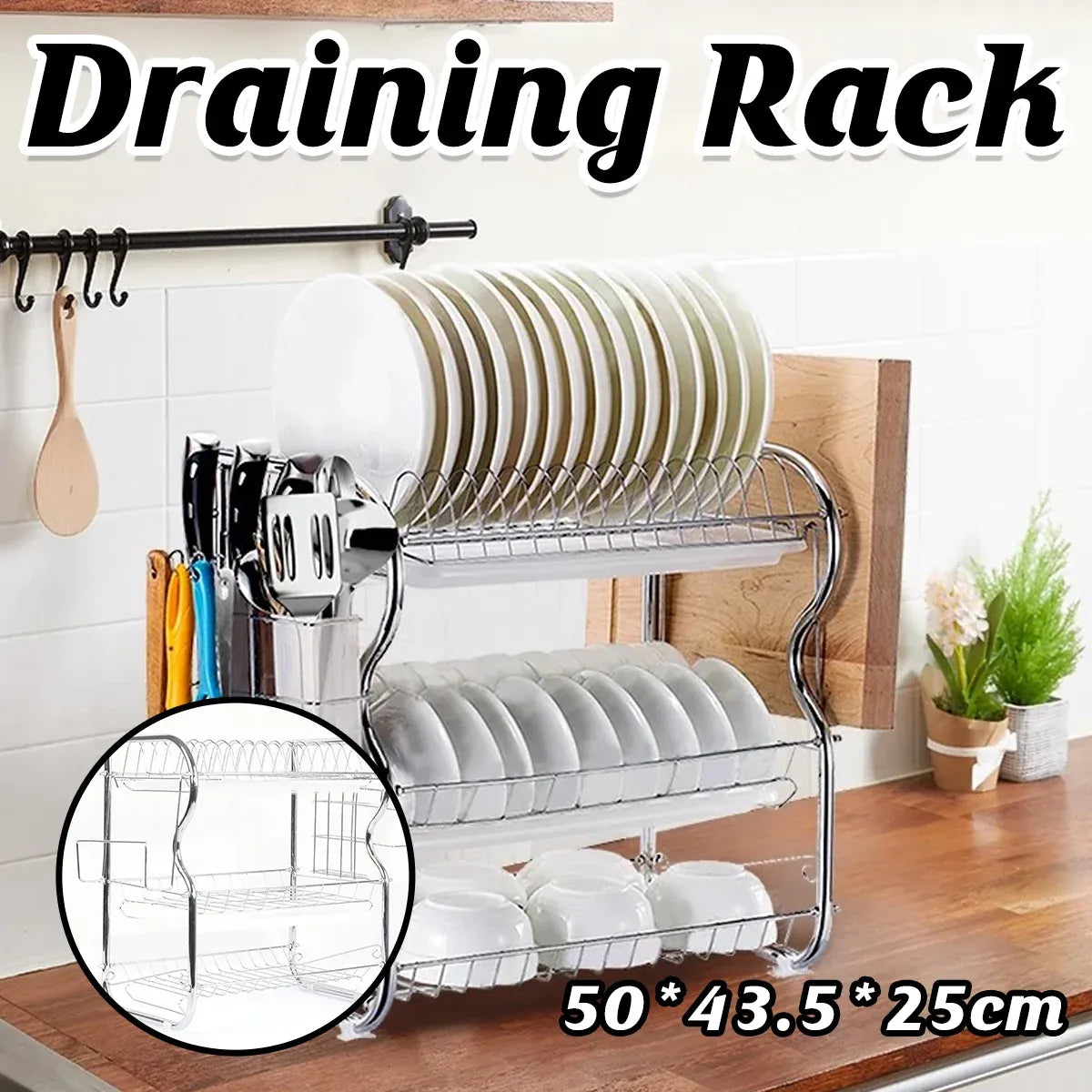 Kitchen Bowl Dish Rack Drainer Storage Cutlery Holder Cupboard Organizer