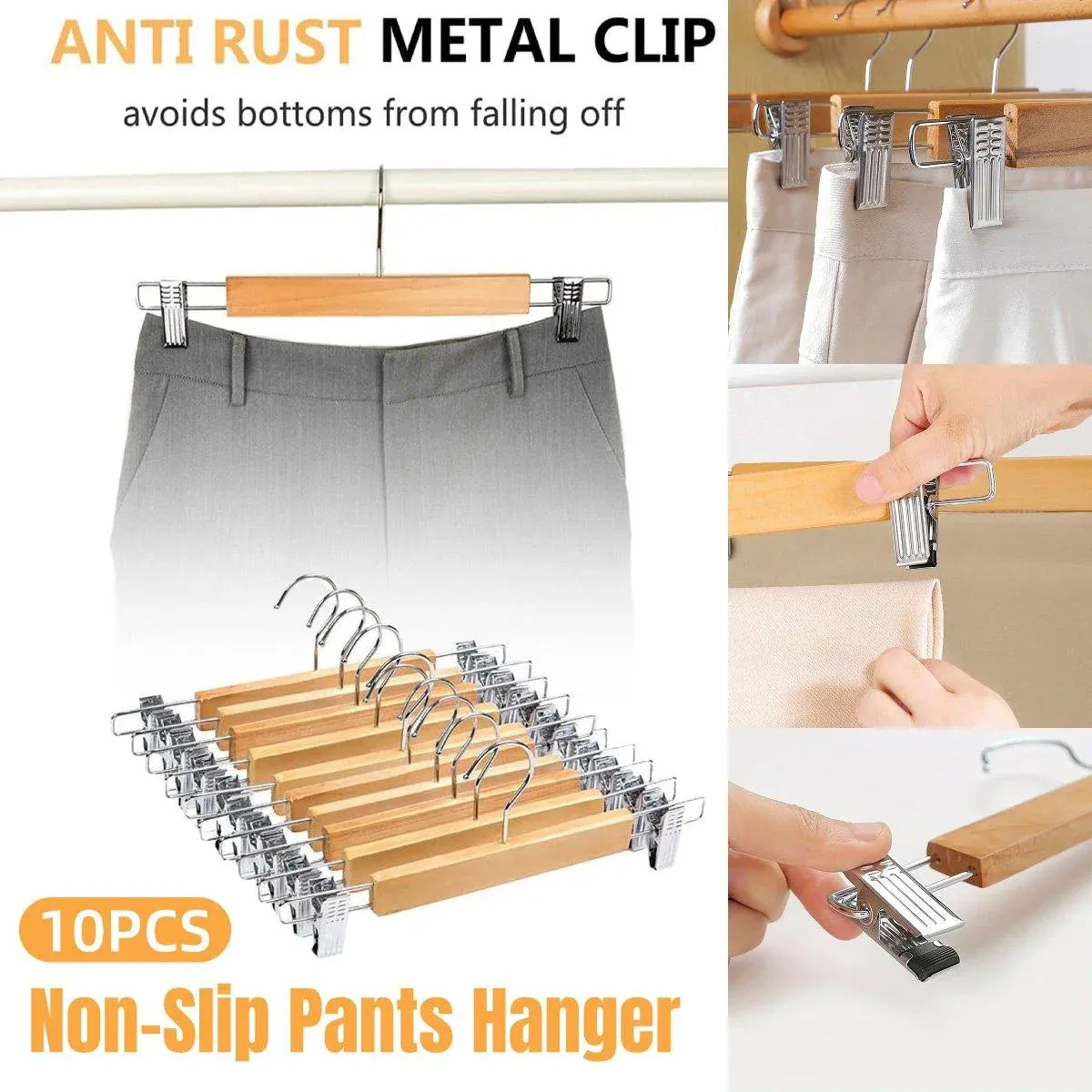10-Piece Wooden Trouser Hanger Set with Adjustable Clips