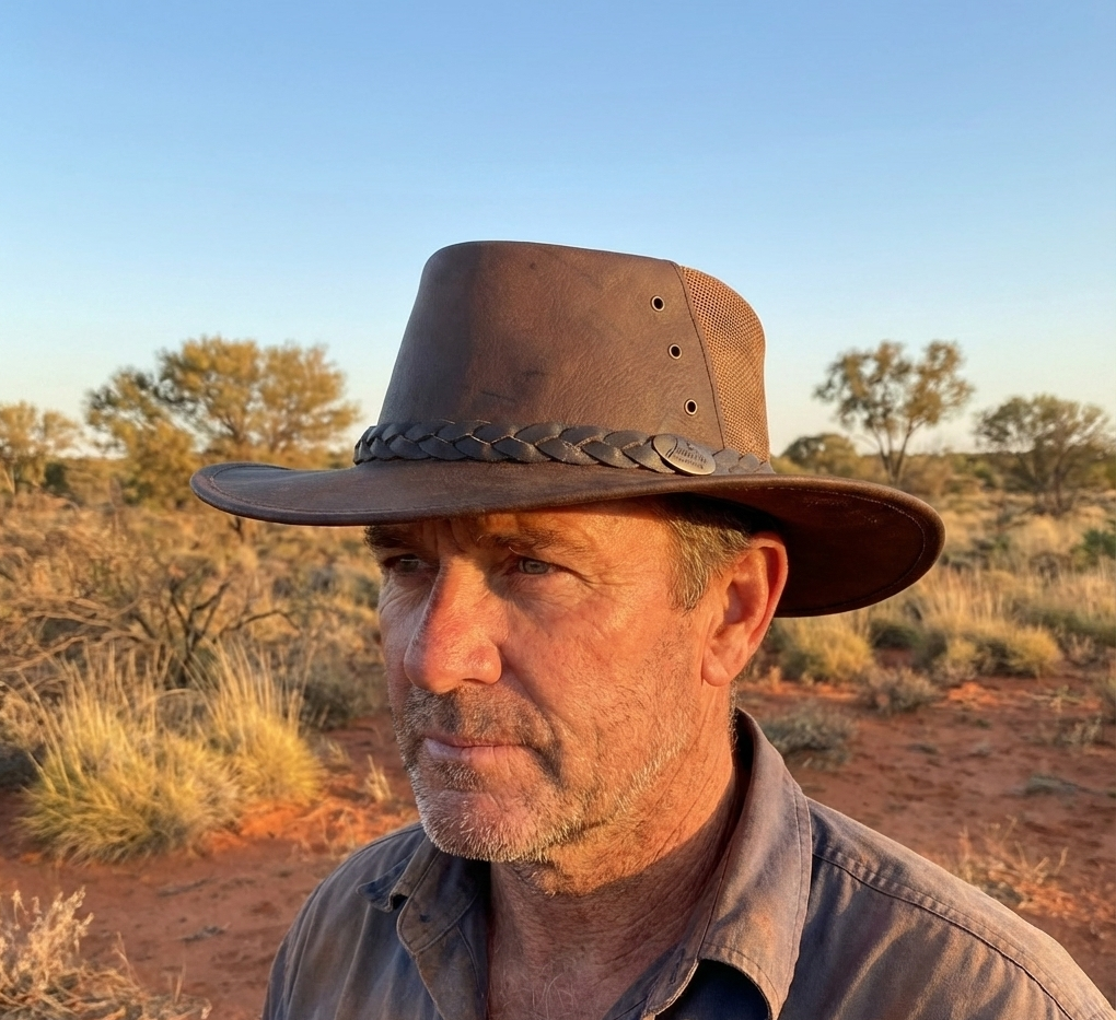 JACARU Full Grain Kangaroo Leather Breeze Cooler Hat Oil Skin Mesh Vent Outback - Brown