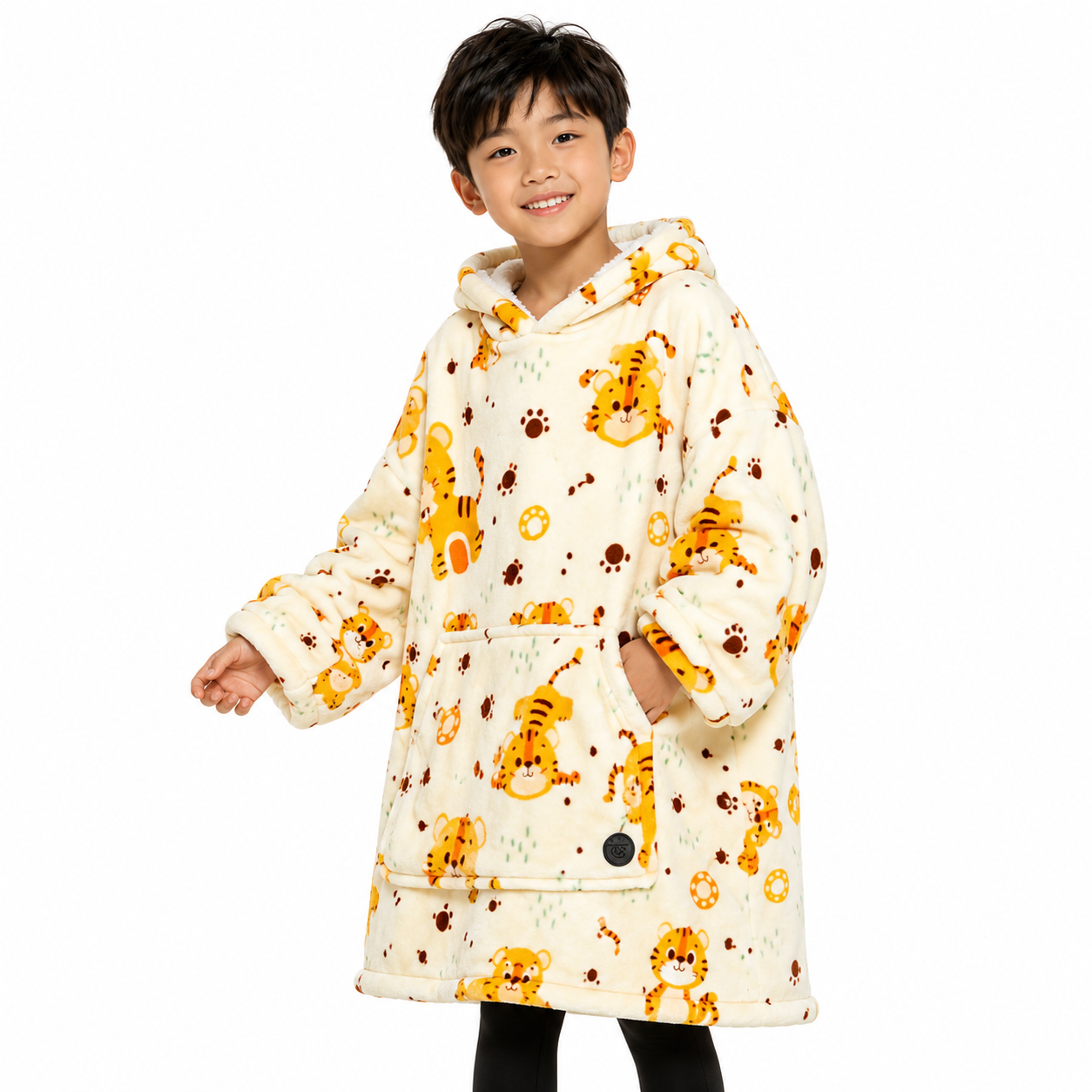 Kids Tiger Print Sherpa Hoodie Blanket – Oversized Wearable Blanket