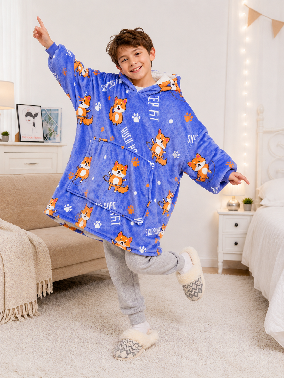 Kids Sherpa Hoodie Blue Fox Print – Oversized Wearable Blanket