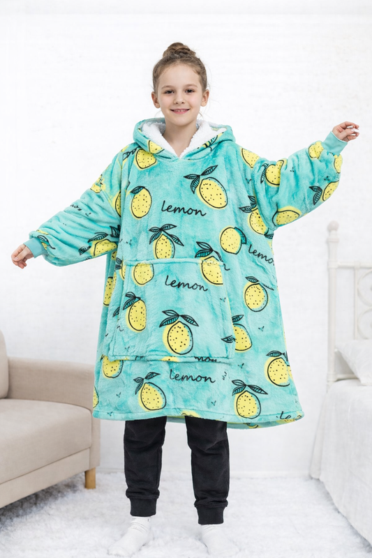 Kids Sherpa Hoodie Lemon Print – Oversized Wearable Blanket