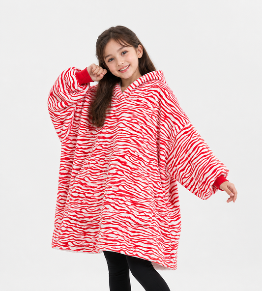 Kids Sherpa Hoodie Red Zebra Print – Oversized Wearable Blanket