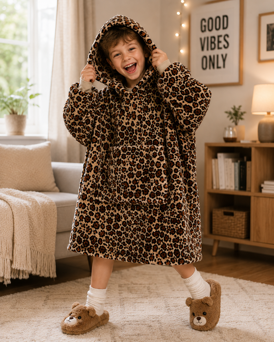 Kids Sherpa Hoodie Leopard Print – Oversized Wearable Blanket
