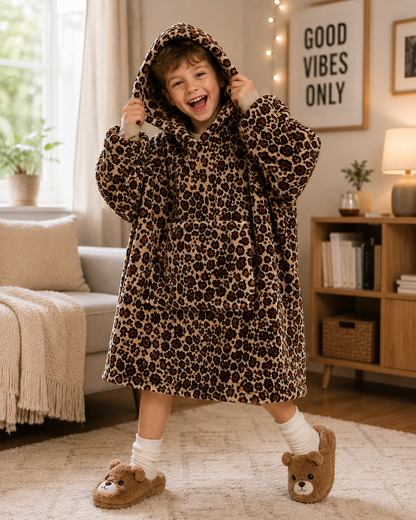 Kids Sherpa Hoodie Leopard Print – Oversized Wearable Blanket