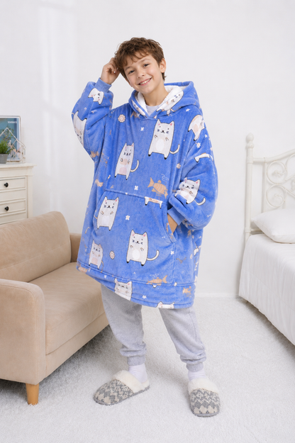 Kids Sherpa Hoodie Blue Cat Print – Oversized Wearable Blanket