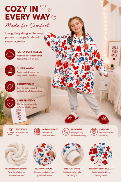 Kids Sherpa Hoodie Christmas Print – Oversized Wearable Blanket