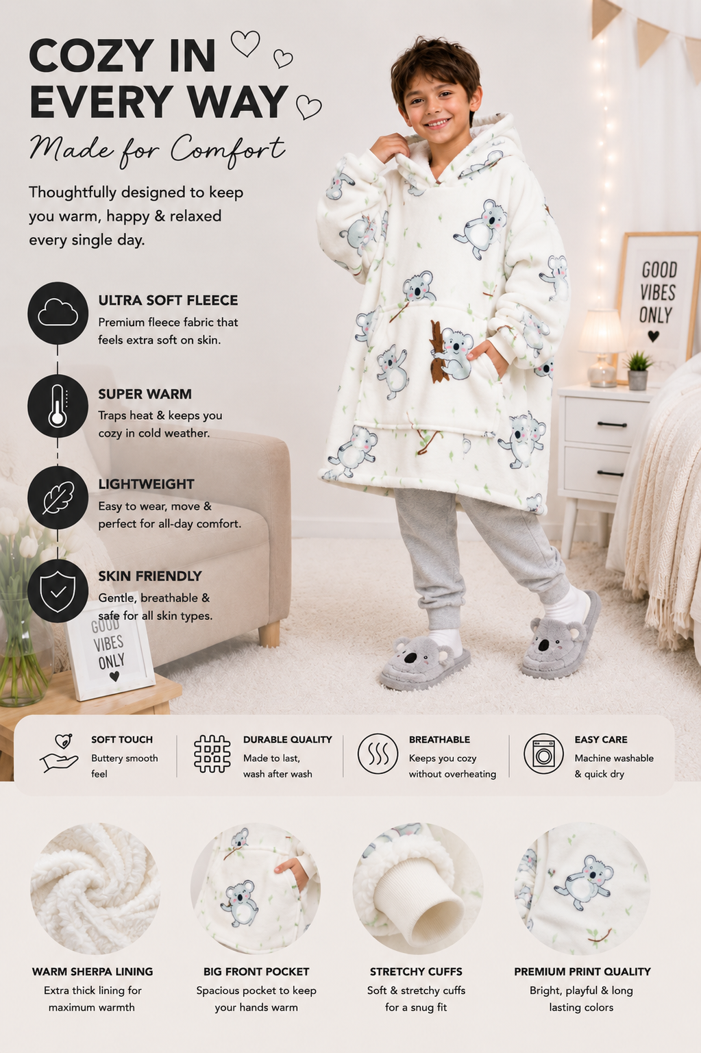Kids Sherpa Hoodie White Koala Print – Oversized Wearable Blanket