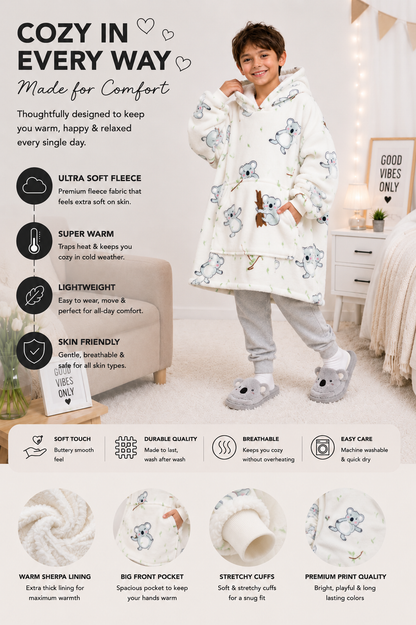 Kids Sherpa Hoodie White Koala Print – Oversized Wearable Blanket