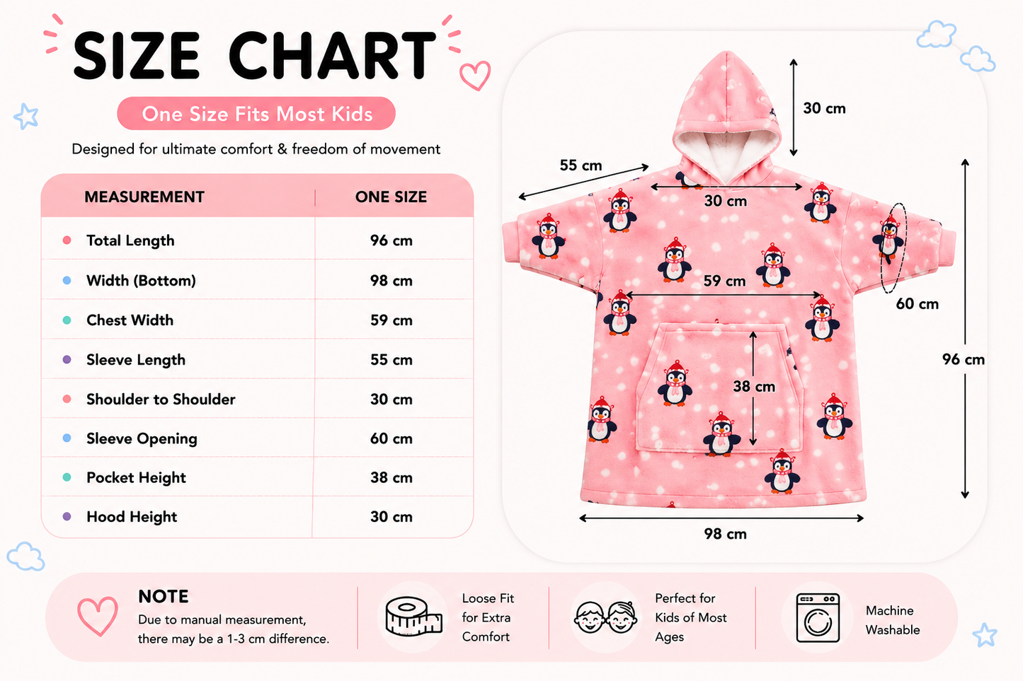 Kids Sherpa Hoodie Pink Penguin Print – Oversized Wearable Blanket