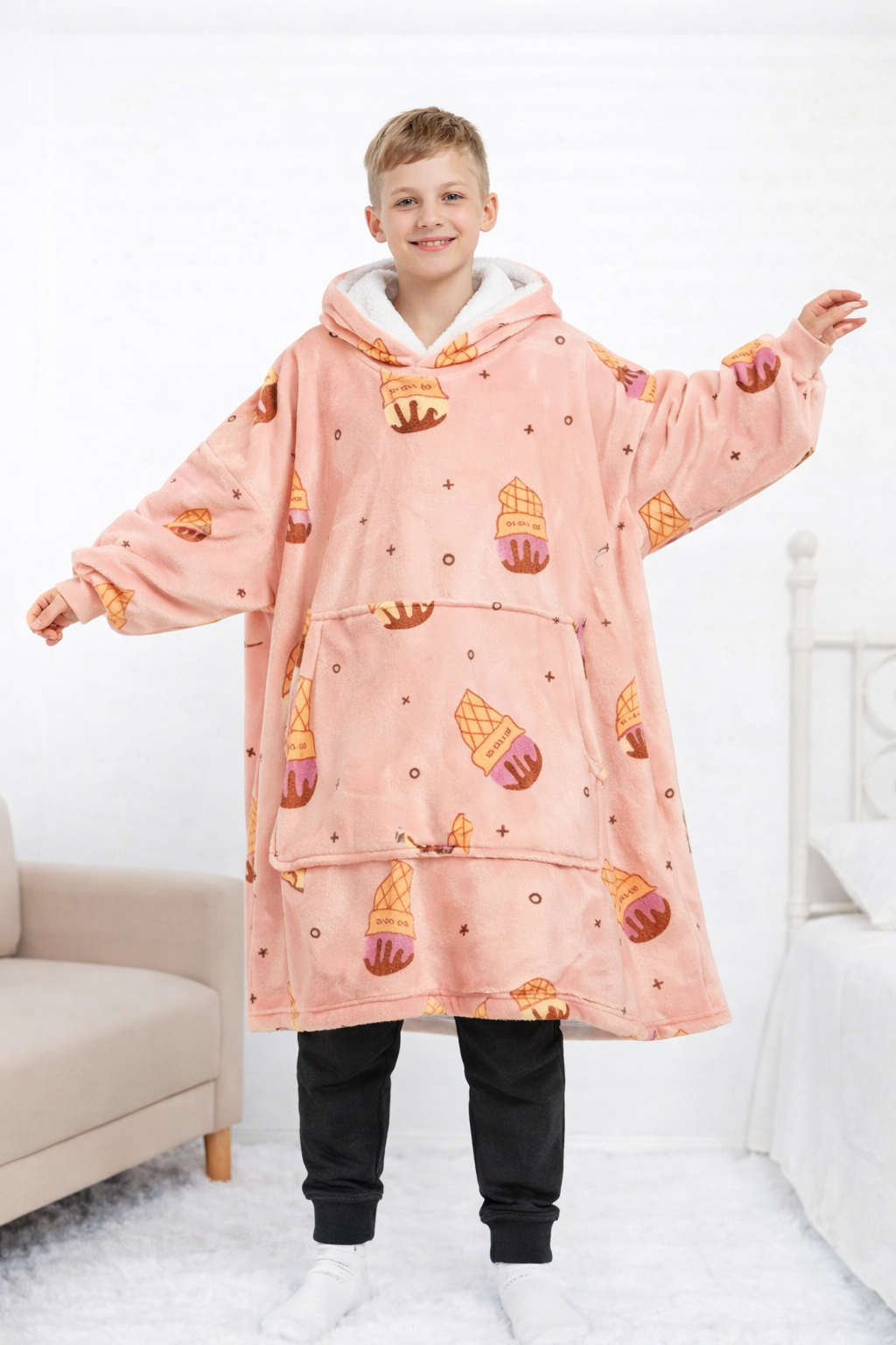 Kids Sherpa Hoodie Peach Ice Cream Print – Oversized Wearable Blanket
