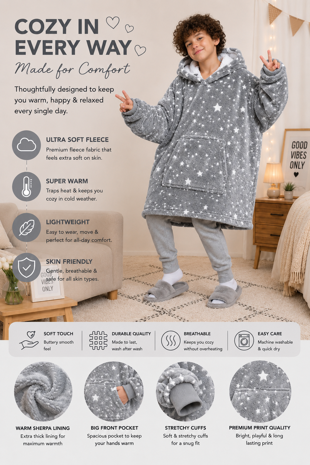 Kids Sherpa Hoodie Grey Star Print – Oversized Wearable Blanket
