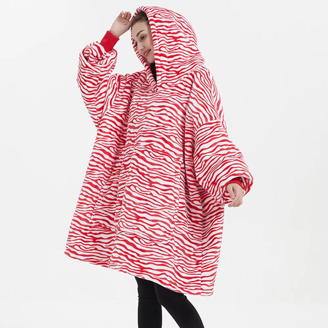 Kids Sherpa Hoodie Red Zebra Print – Oversized Wearable Blanket