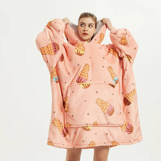 Kids Sherpa Hoodie Peach Ice Cream Print – Oversized Wearable Blanket