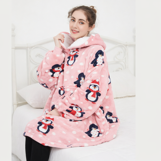 Kids Sherpa Hoodie Pink Penguin Print – Oversized Wearable Blanket