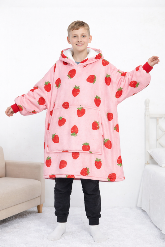 Kids Sherpa Hoodie Pink Strawberry Print – Oversized Wearable Blanket