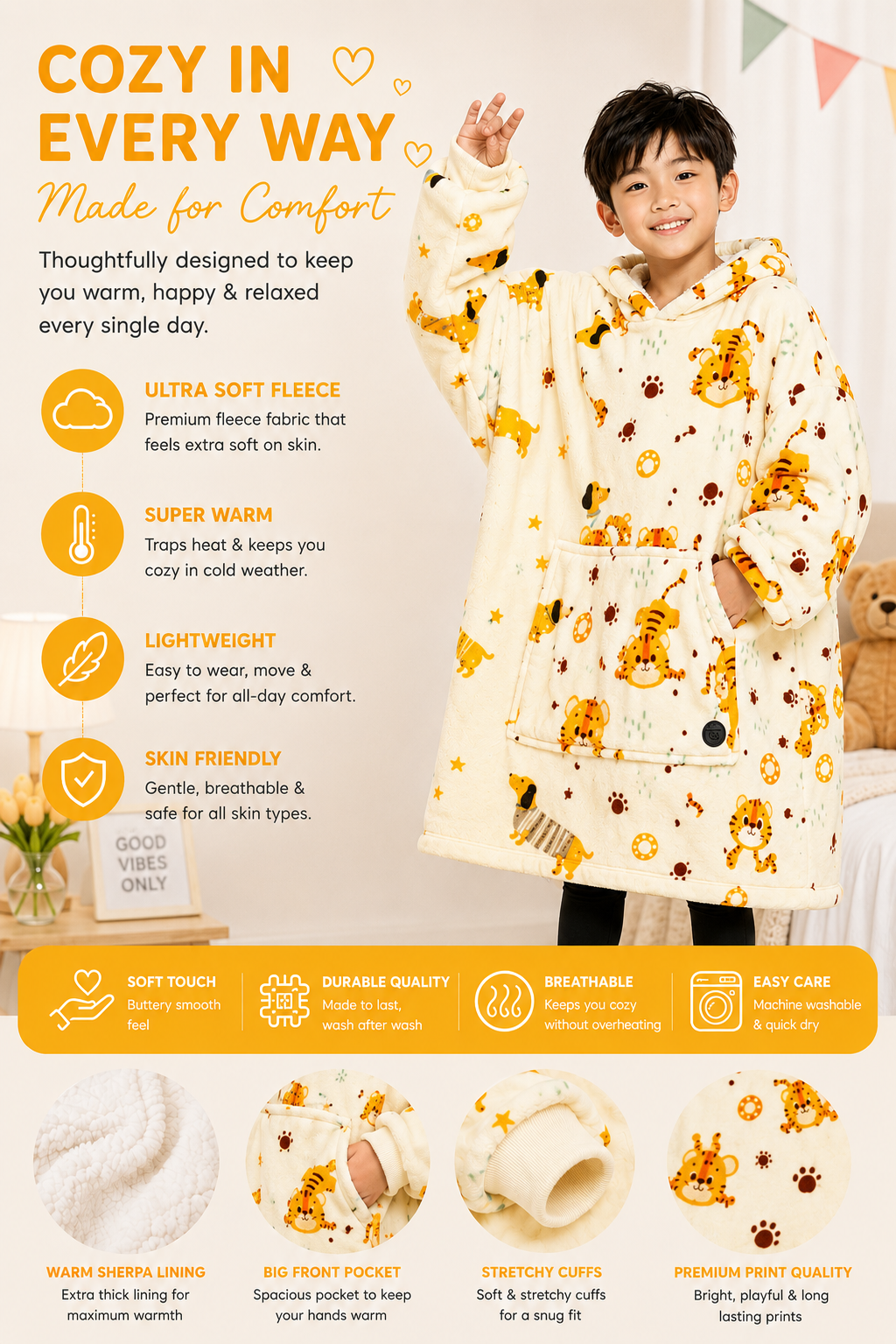 Kids Tiger Print Sherpa Hoodie Blanket – Oversized Wearable Blanket